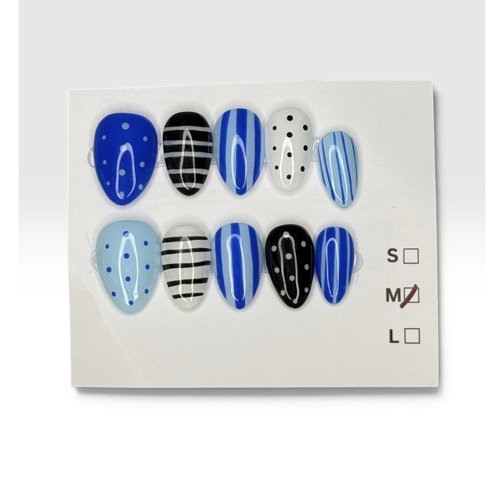 Handmade Custom Blue Stripe Almond Fake Nails Press on Nails with Tabs. NEW